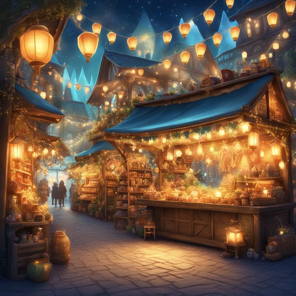 Magical Stall in Fantasy City, Whimsical Illustration