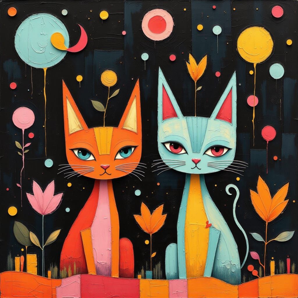 1950s Atomic Style Abstract Cats in Bright Hues