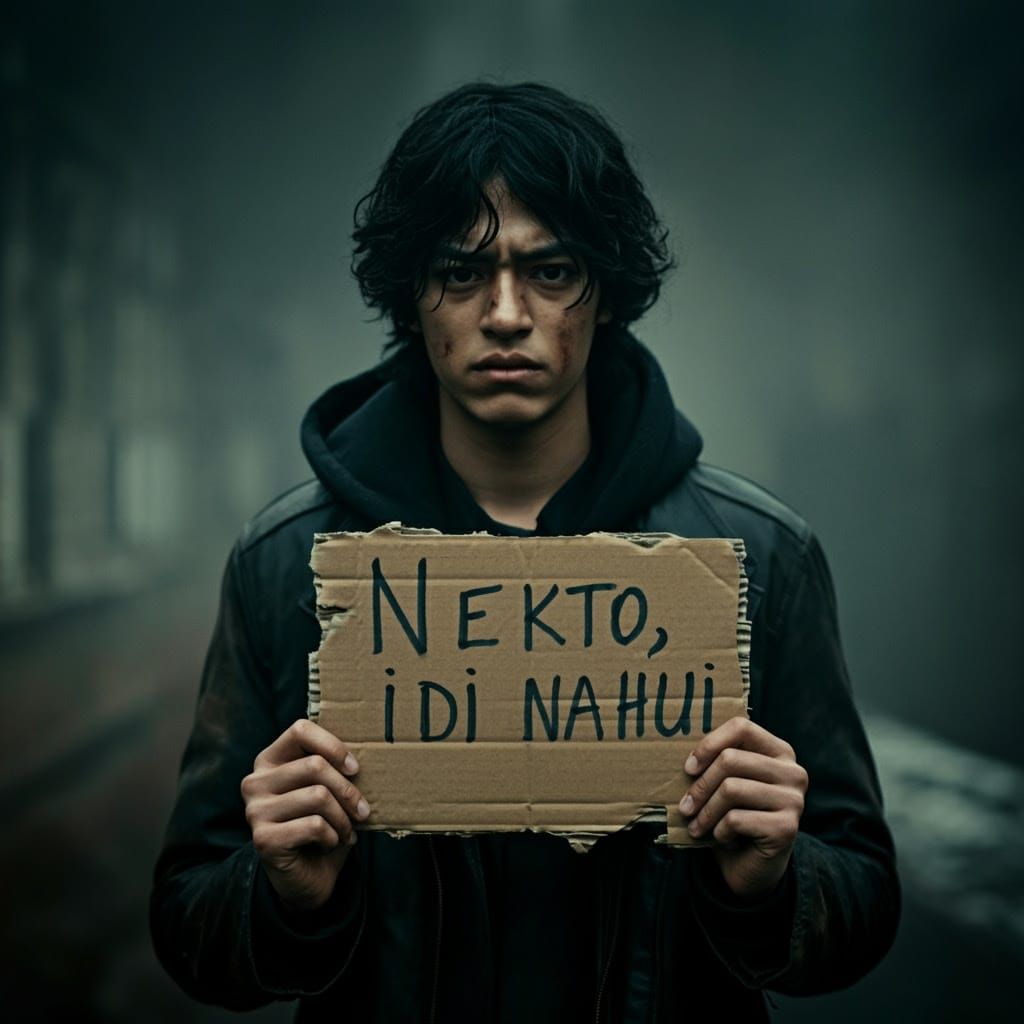 Dramatic Portrait with Sign in Cinematic Style