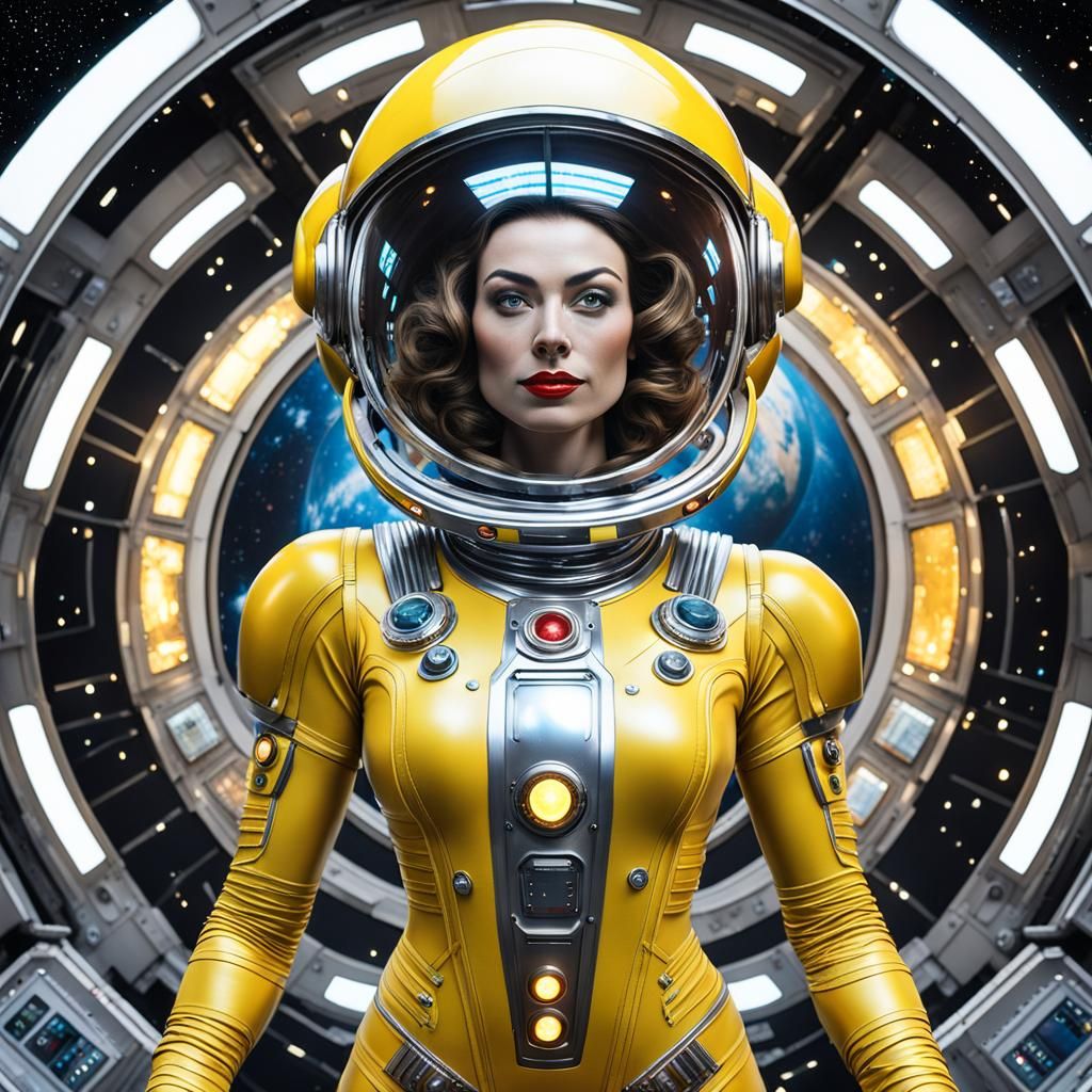 Photorealistic Space Girl in Yellow Bodysuit