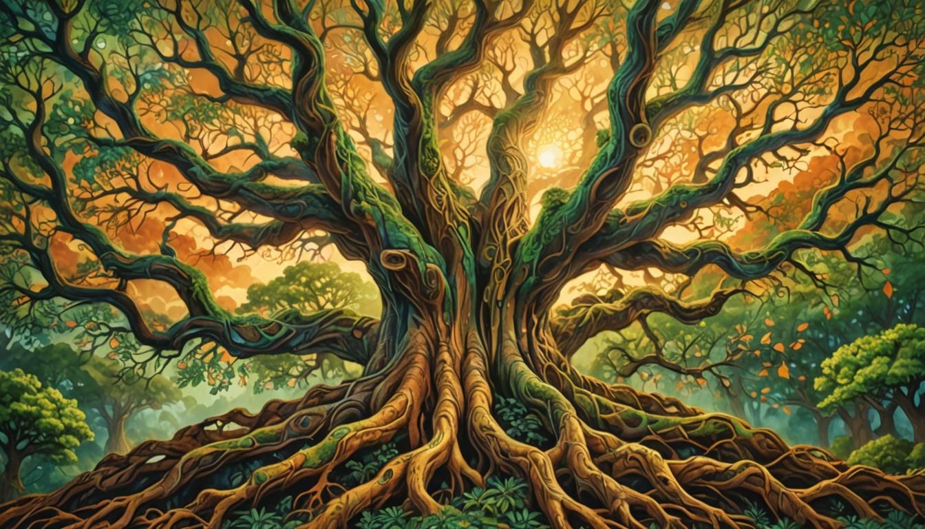 Glowing Tree with Gnarled Roots and Kaleidoscopic Sky
