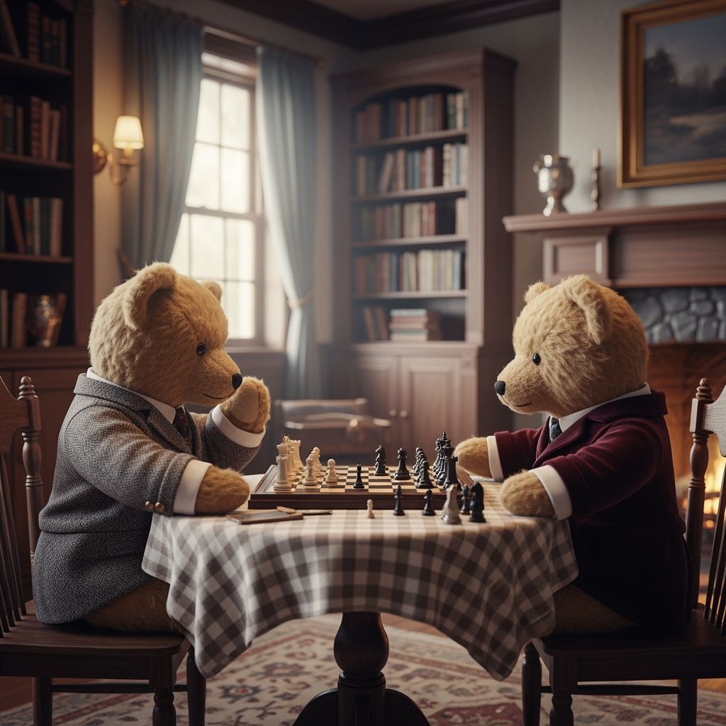 Antique Teddy Bears Play Chess in Cozy Study
