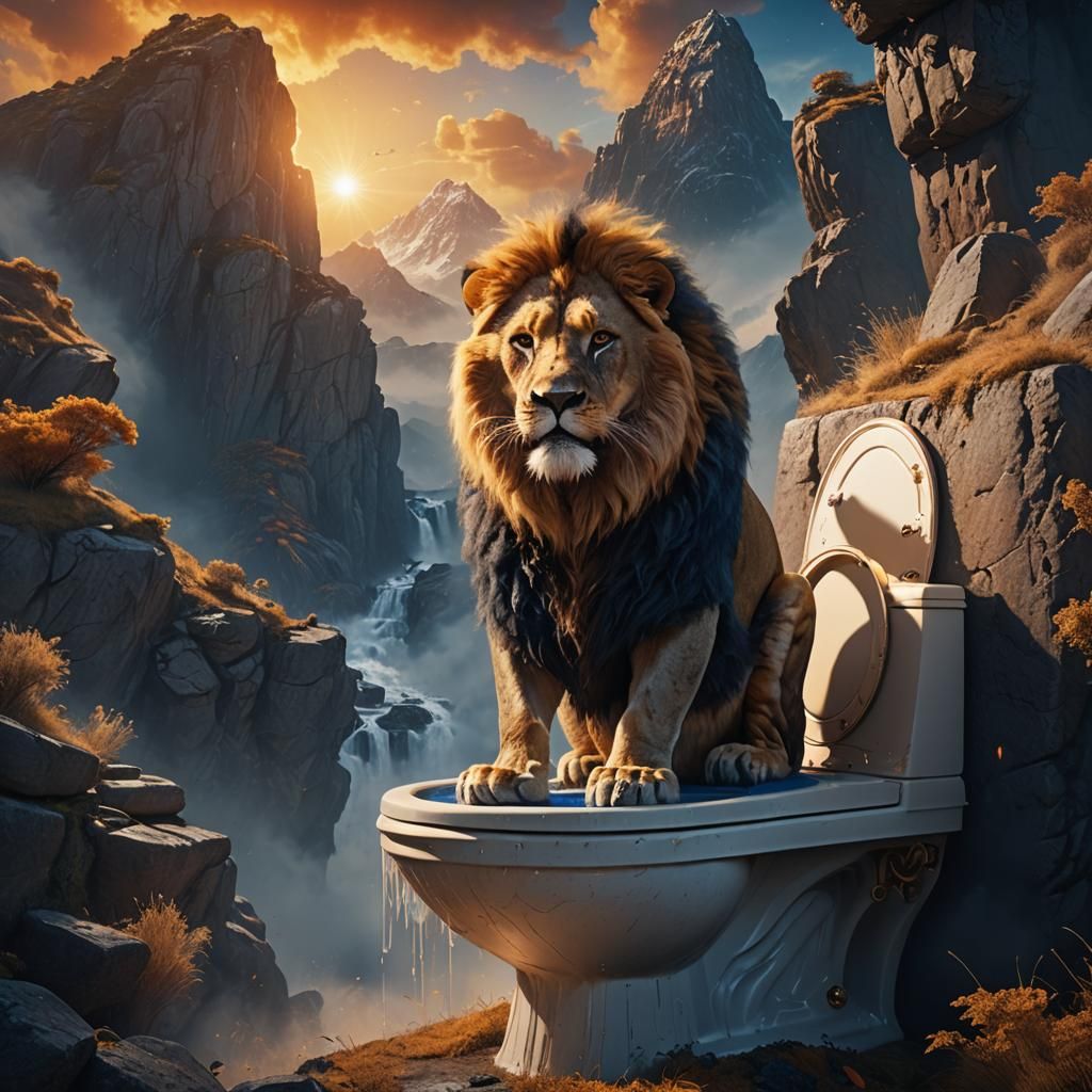 Lion's Toilet Plunge: A Fantastical Digital Painting