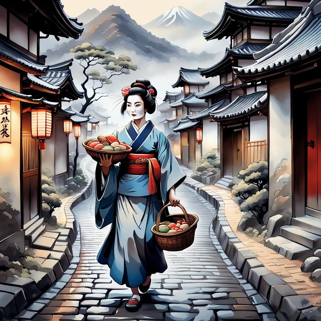 Geisha in Misty Village: Kiyo-e Style Painting