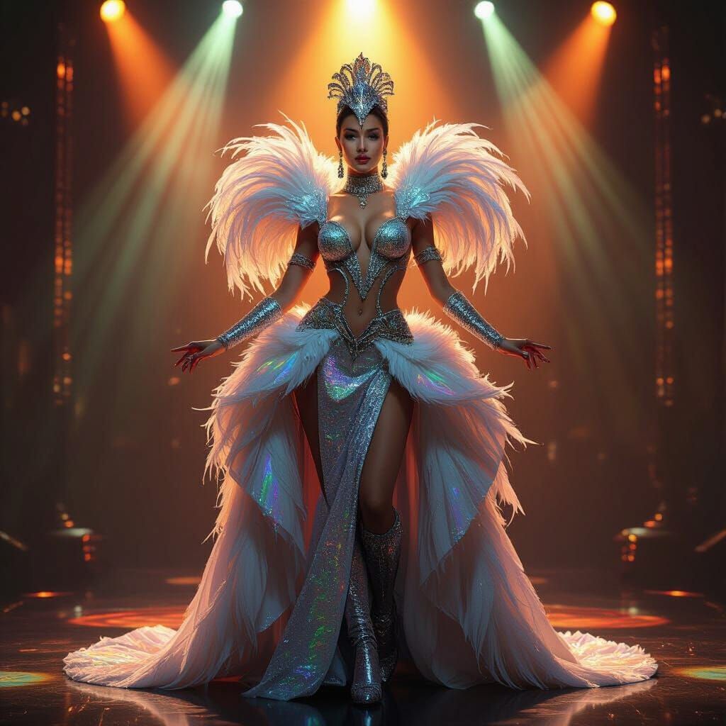 Captivating Showgirl in Futuristic Neon Landscape