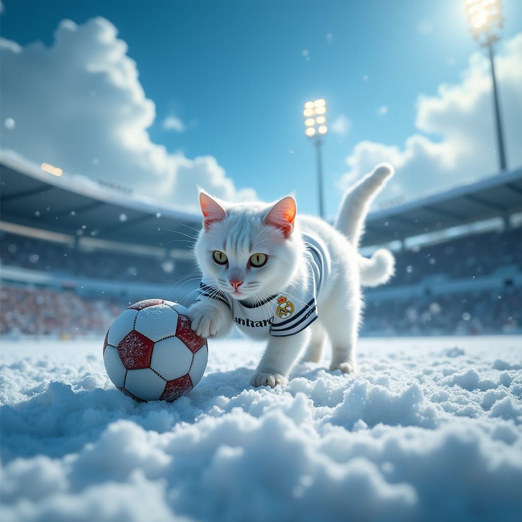 Majestic White Cat in Real Madrid Jersey Scores Football Goa...