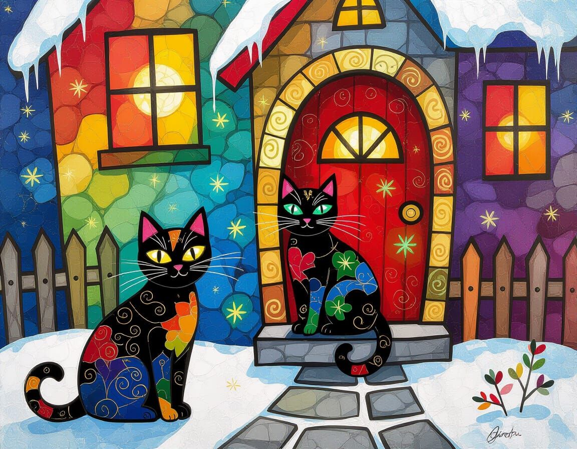 Whimsical Witch's Cottage with Cat in Rainbow Colors