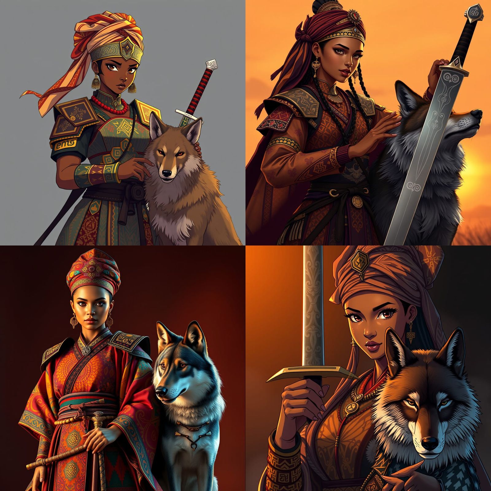 Female Samurai with Dire Wolf in Anime Style