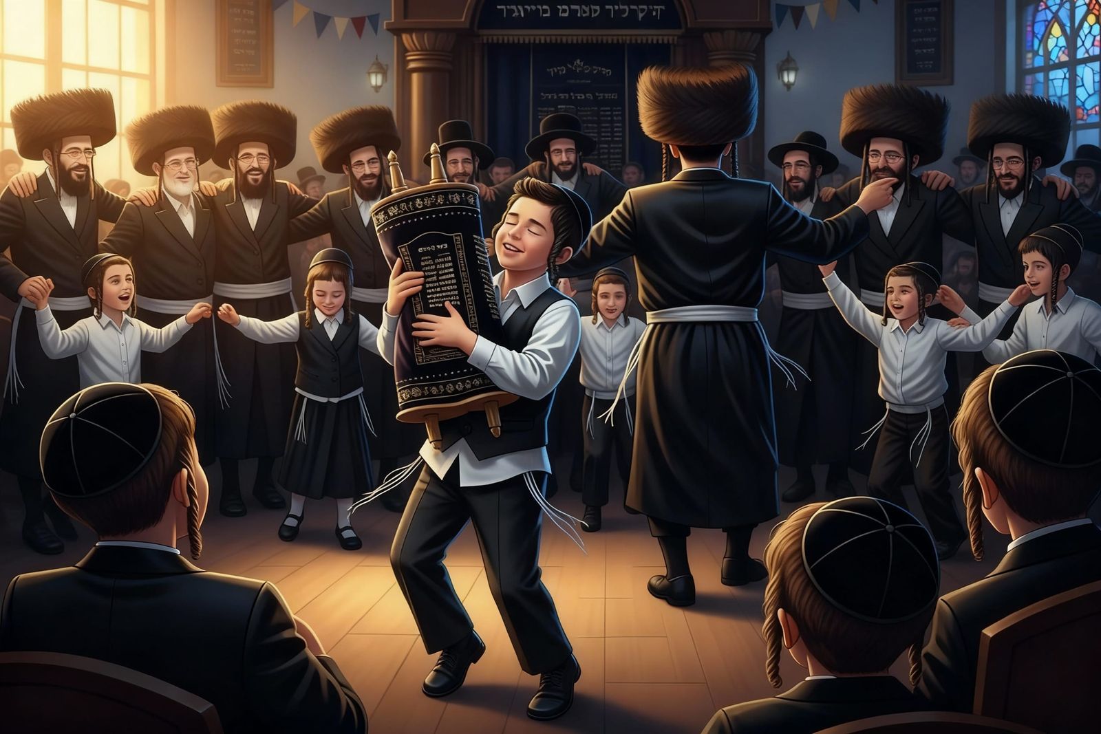 Joyful Hasidic Boy Dancing with Torah in Synagogue