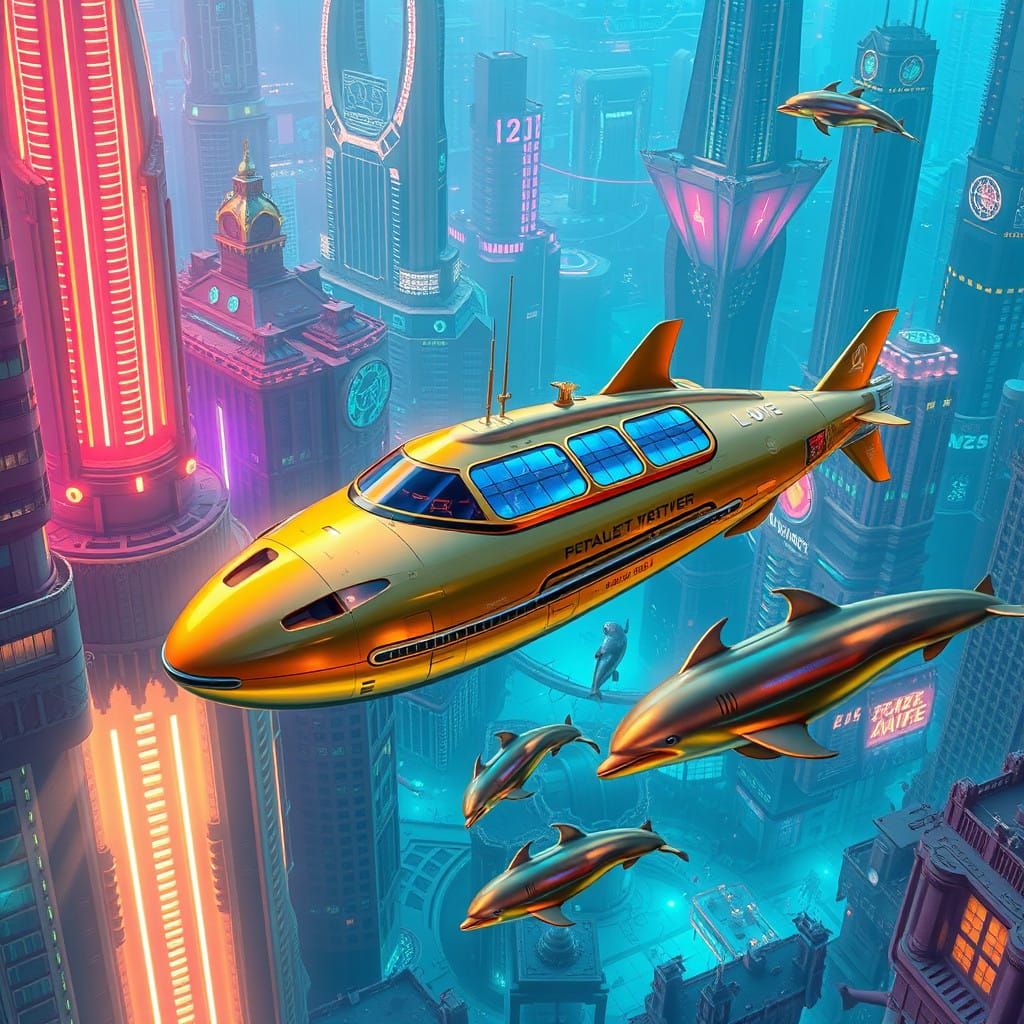 Cyberpunk Dolphins in a Golden Submarine Amidst an Underwate...