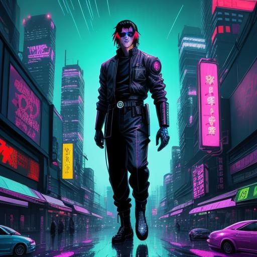 Vibrant Manga Cityscape at Dusk in Cyberpunk Style