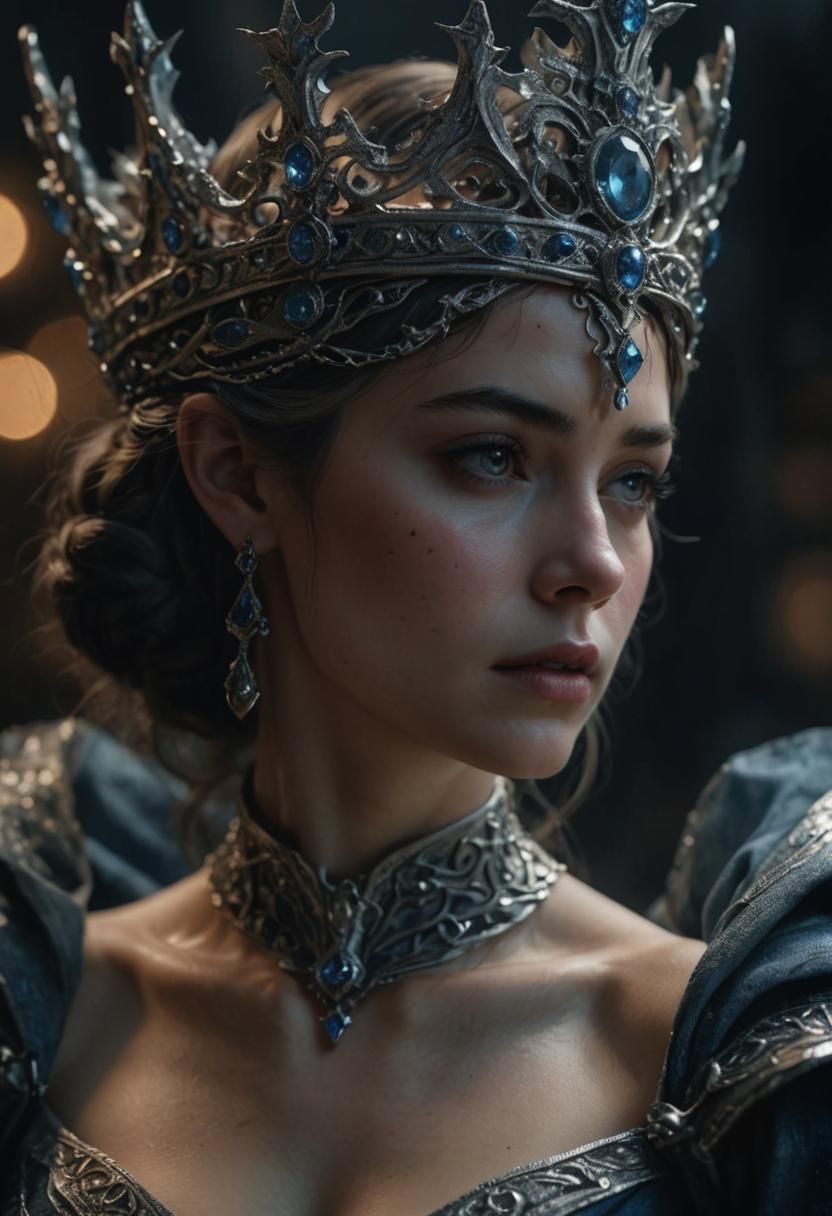 Mysterious Woman in Silver Crown, Photorealistic Portrait