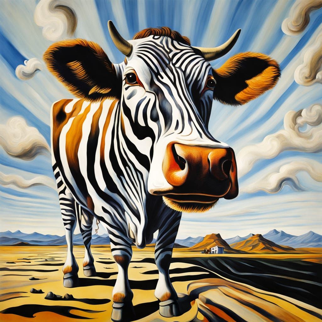 Surreal Cow with Zebra Stripes in Distorted Landscape