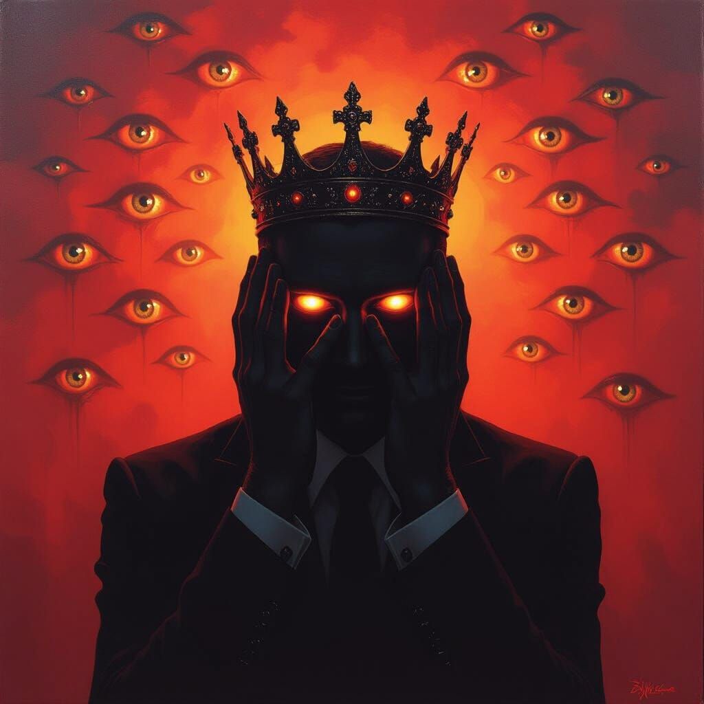 Horror Painting of Crowned Silhouette Man with Glowing Eyes