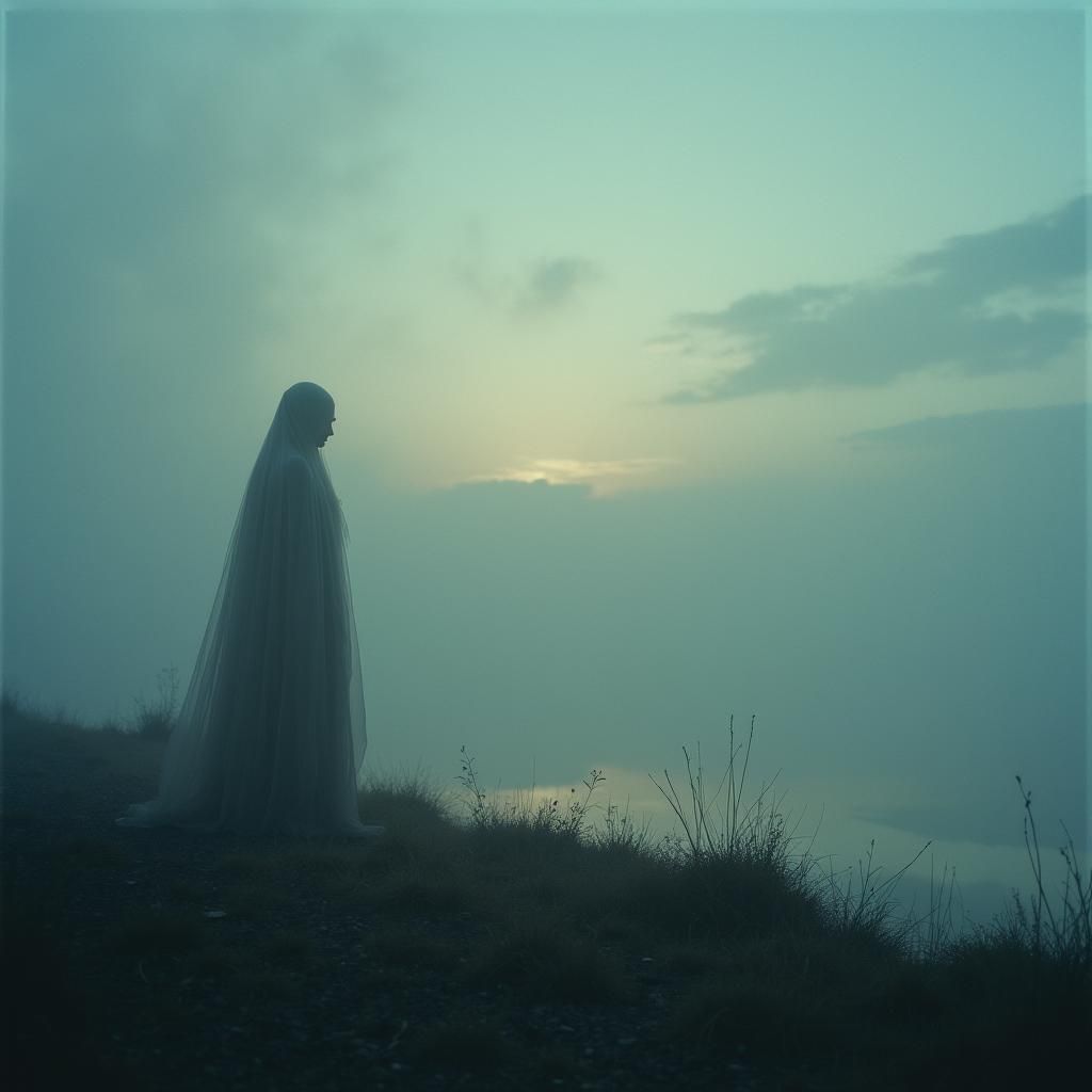 Melancholic Figure by Desolate Lake at Dusk