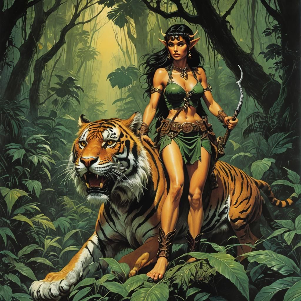 Elf Ranger Rides Tiger in Dark Fantasy Style