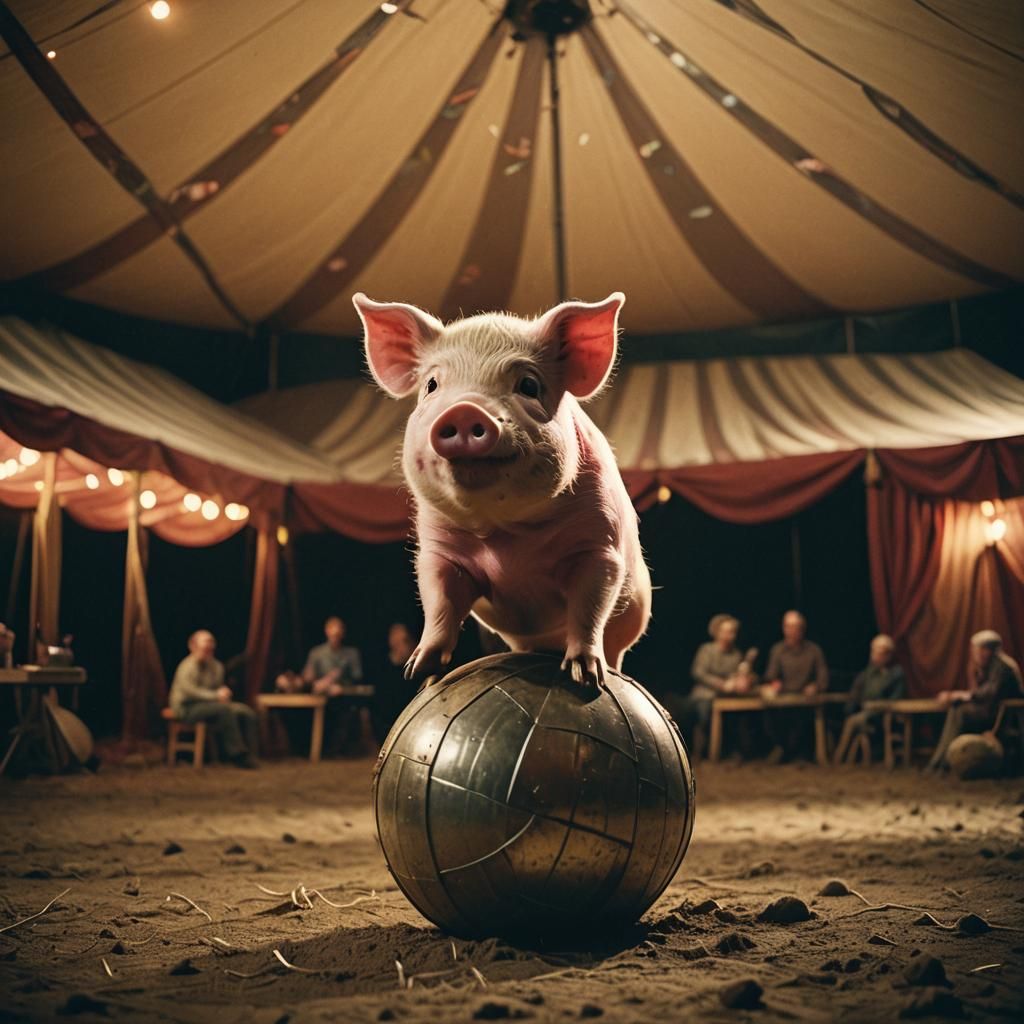 Pig Balances on Ball in Circus Tent