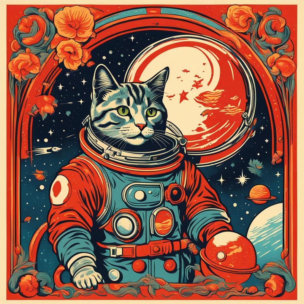 Art Nouveau Cat Astronaut Soviet Propaganda Poster