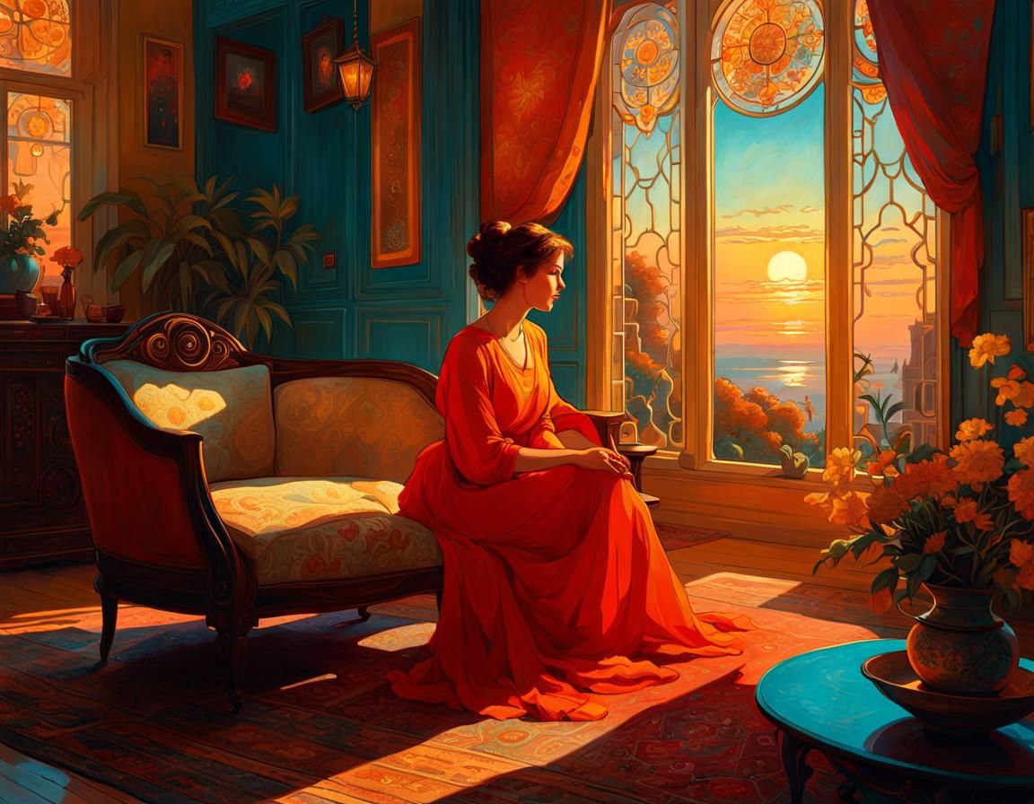 Golden Hour Serenity: A Romantic Art Nouveau Scene