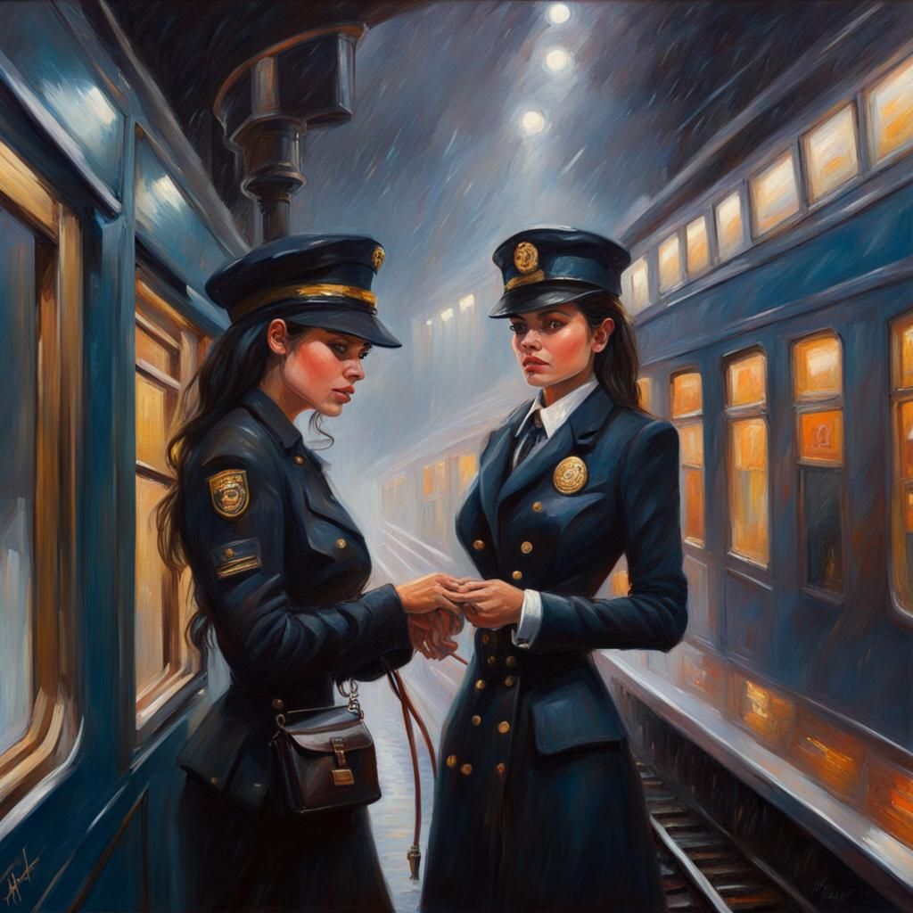 Train Conductor on a Rainy Night, Oil Painting