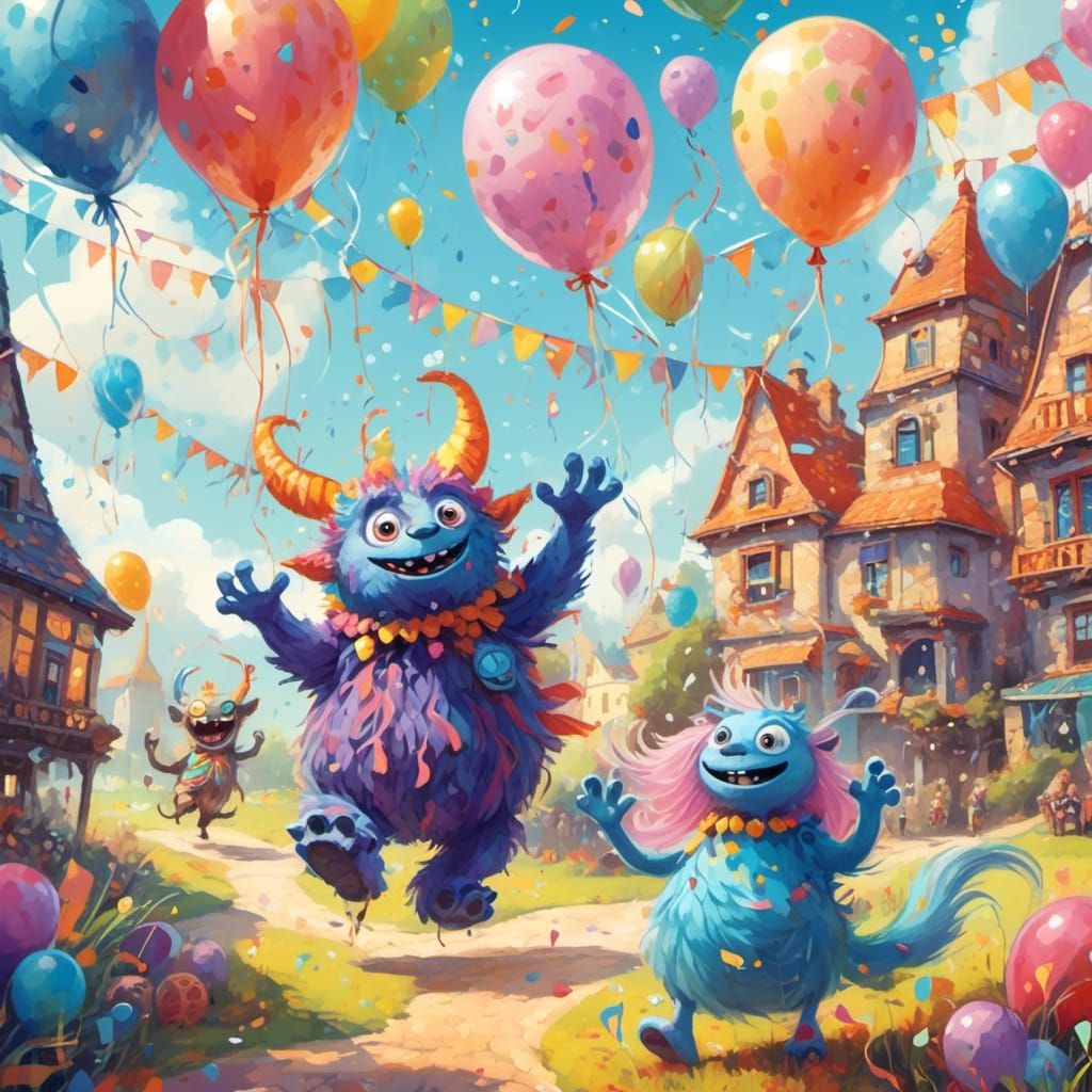 Cheerful Monsters Play in Whimsical Fantasy Illustration