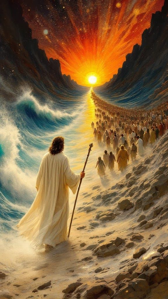 Moses Divides the Turbulent Red Sea in a Dreamlike Folk Art....