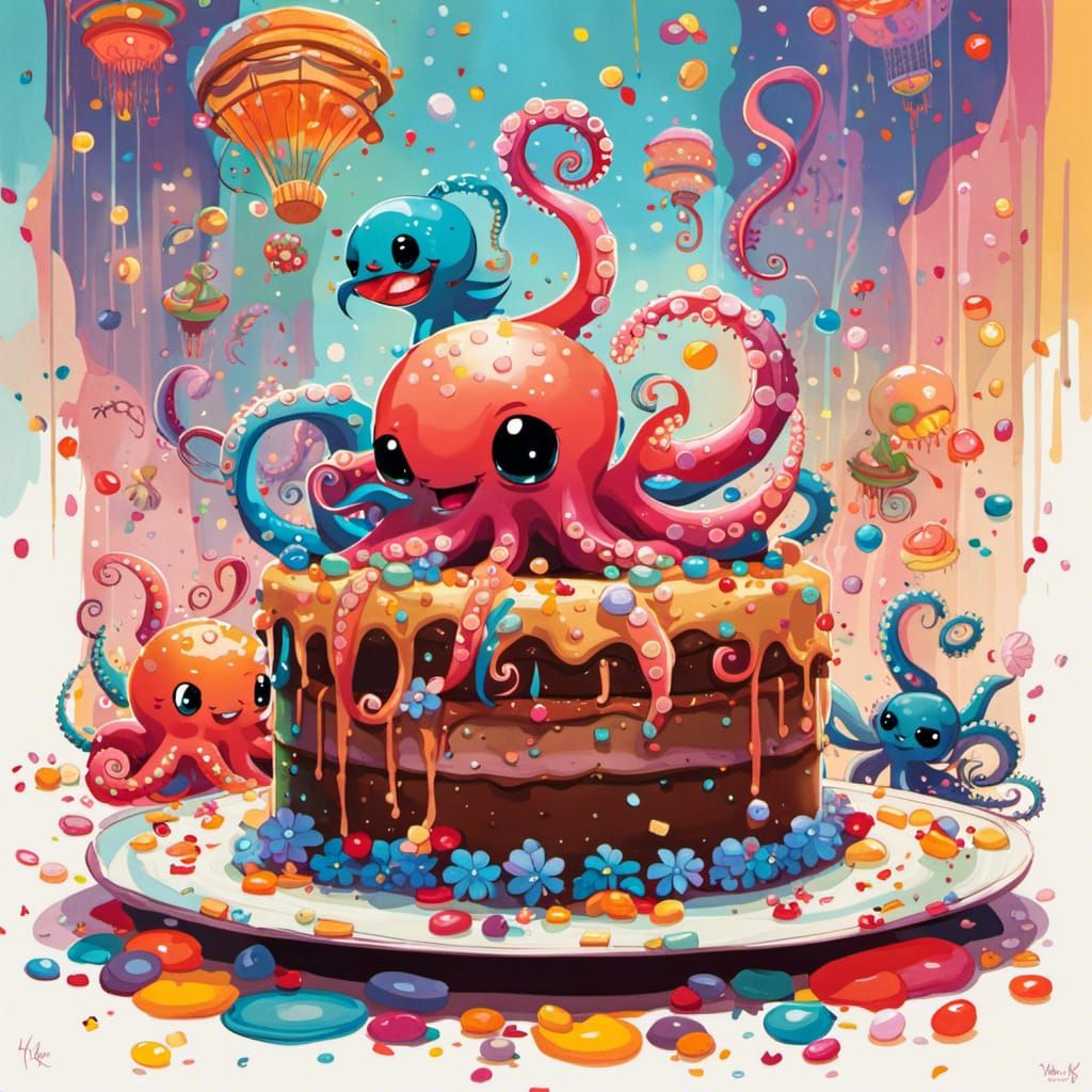 Chibi Octopus Celebrates with Cake: Pixar-Style Art