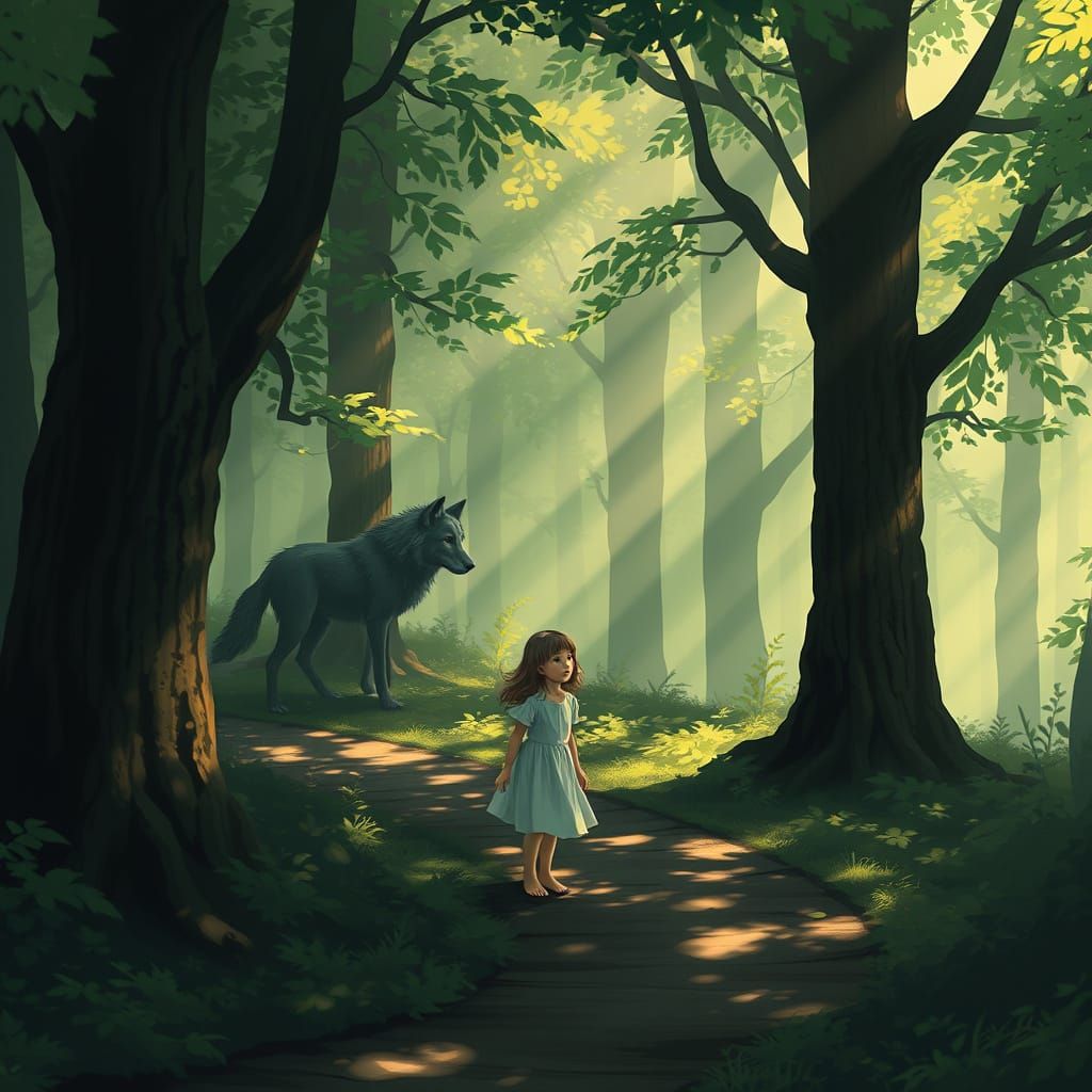 Summer Forest Shadows and Light with Hidden Wolf