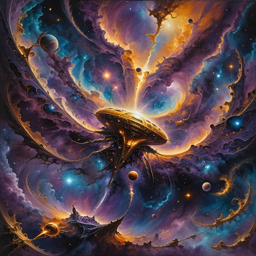 Spaceship Drifting Through Fractal Nebulas as Cosmic Art