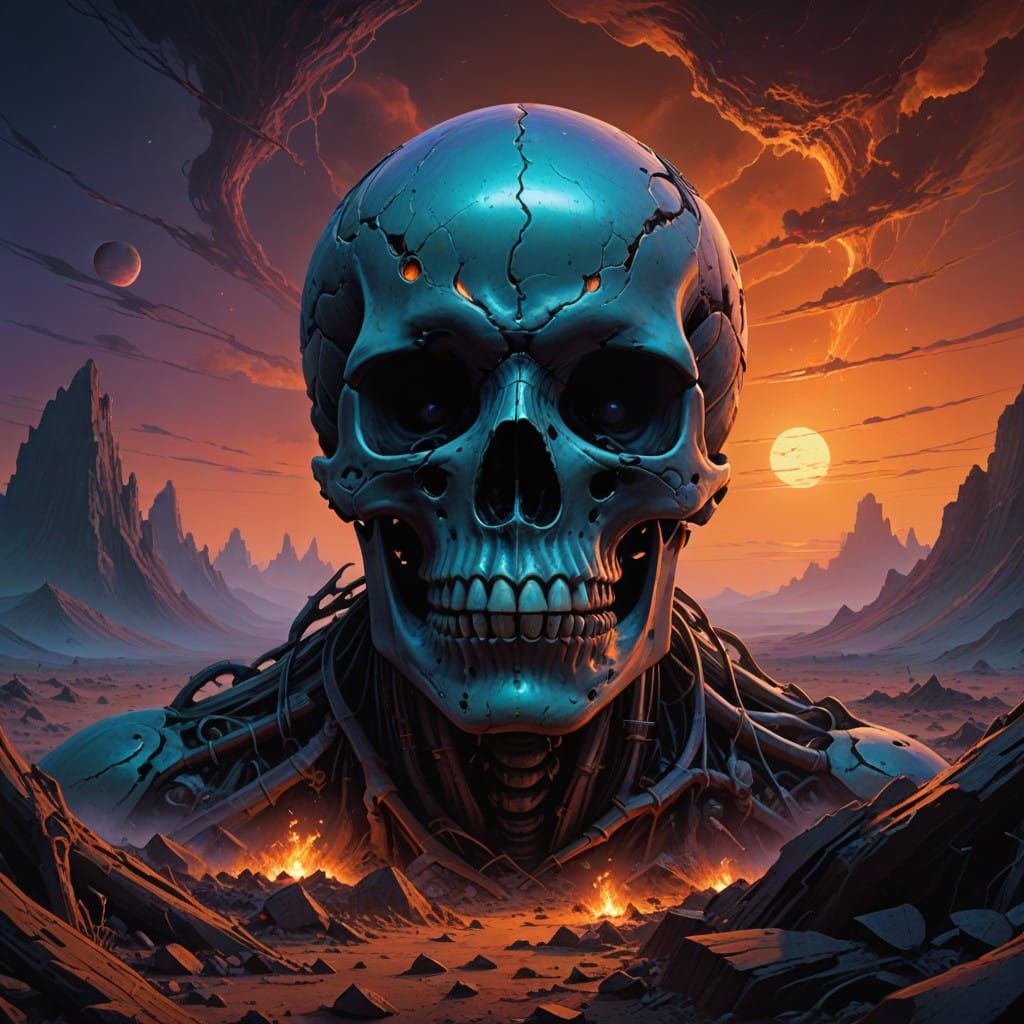 Eldritch Demon Skull Planet in Vibrant, Otherworldly Colors