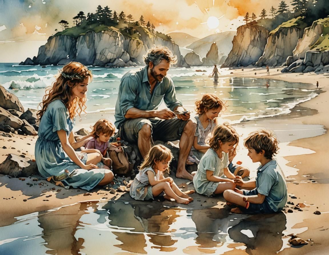 Whimsical Beach Scene in Watercolor Style