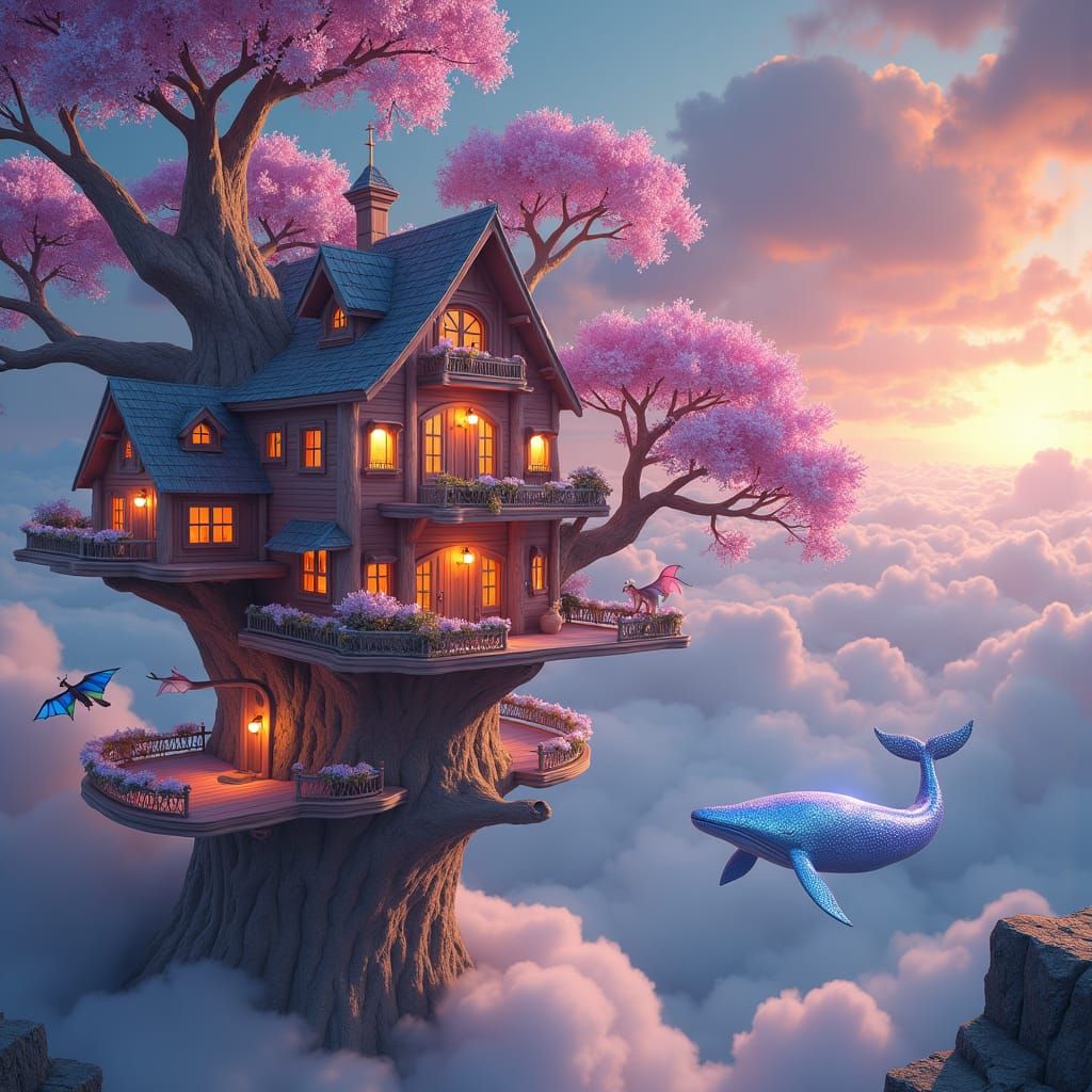 Fantastical Treehouse City in Iridescent Clouds