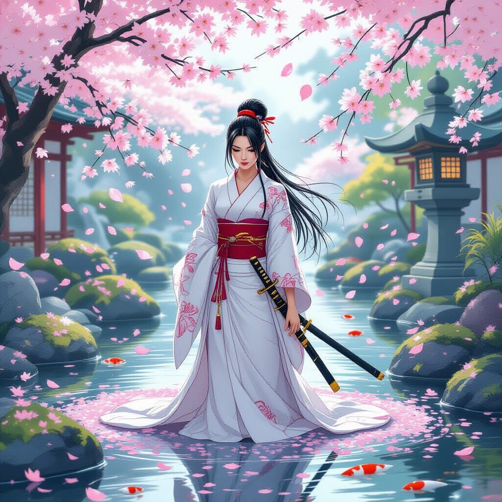 Psylocke Meditates in Zen Garden with Cherry Blossoms