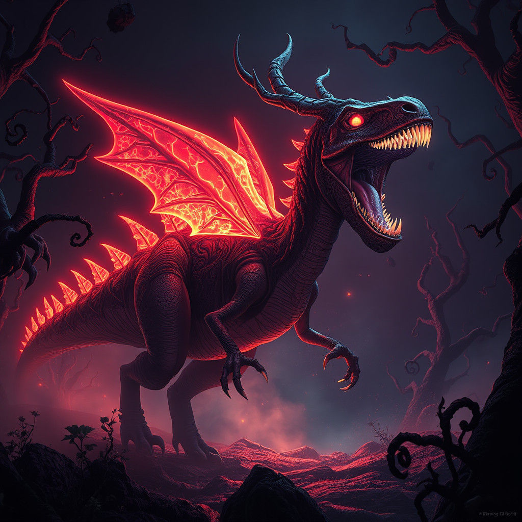 Ethereal Dinosaur in a Dark Fantasy Landscape