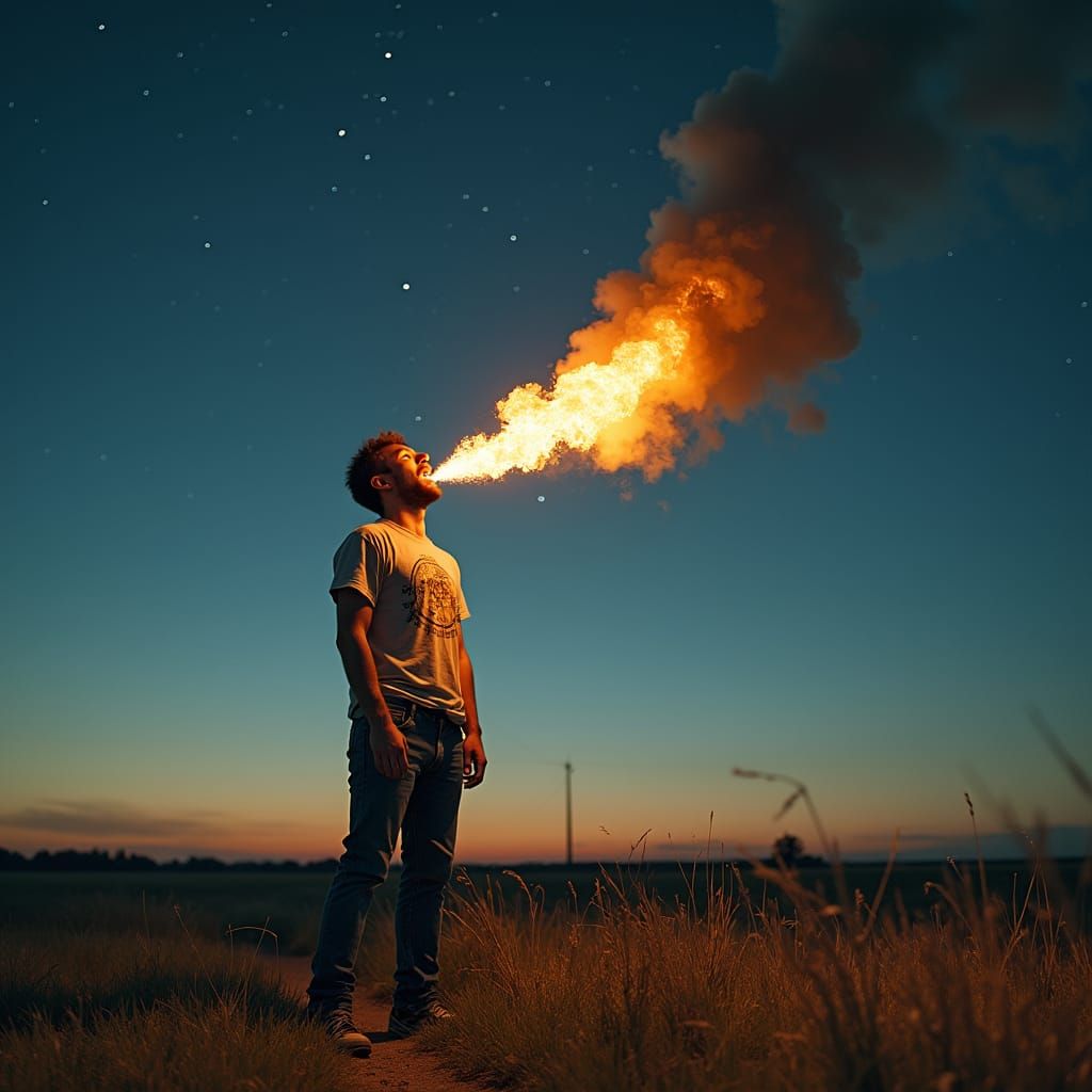 Man Ignites Night Sky with Fiery Blast