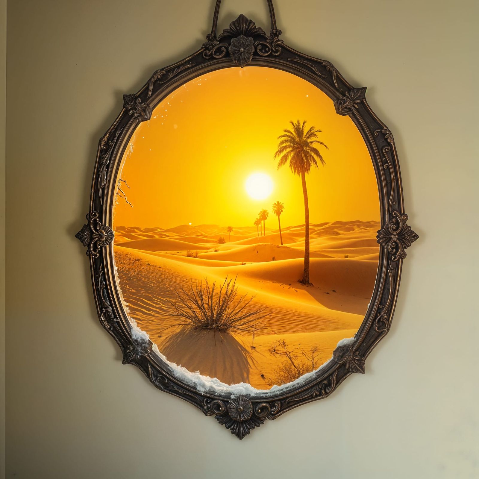 Frosted House Window Reflects Desert Mirage