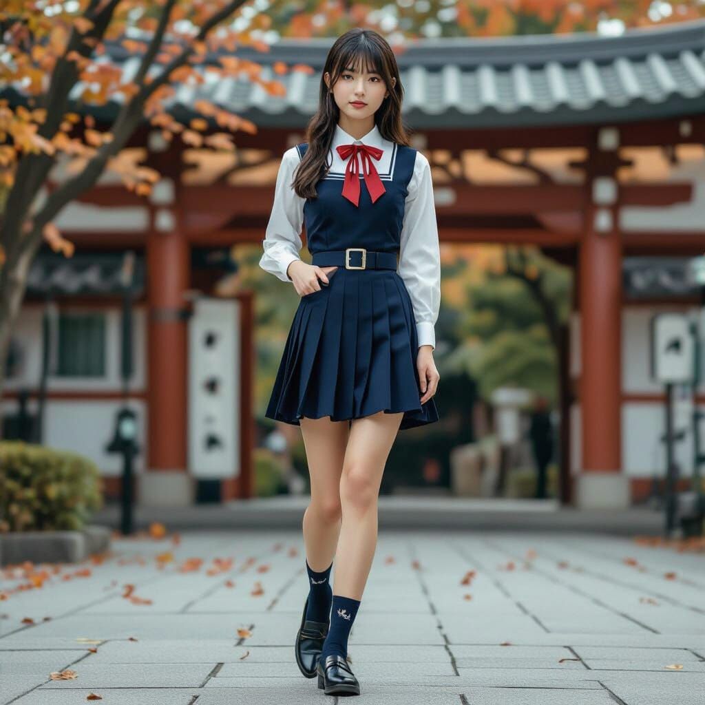 Japanese Schoolgirl at Autumn Shrine, Cinematic Portrait