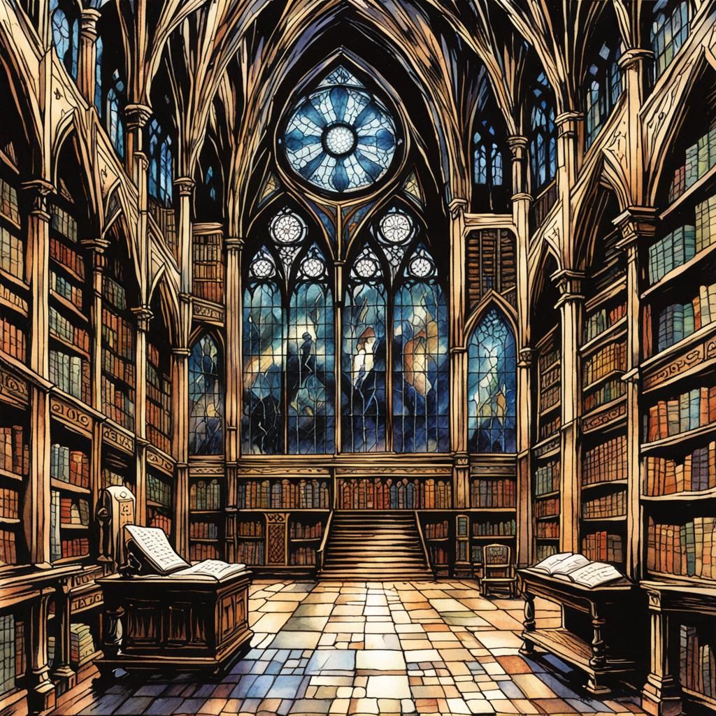 Enchanted Grimoire in Gothic Library: Watercolor Art