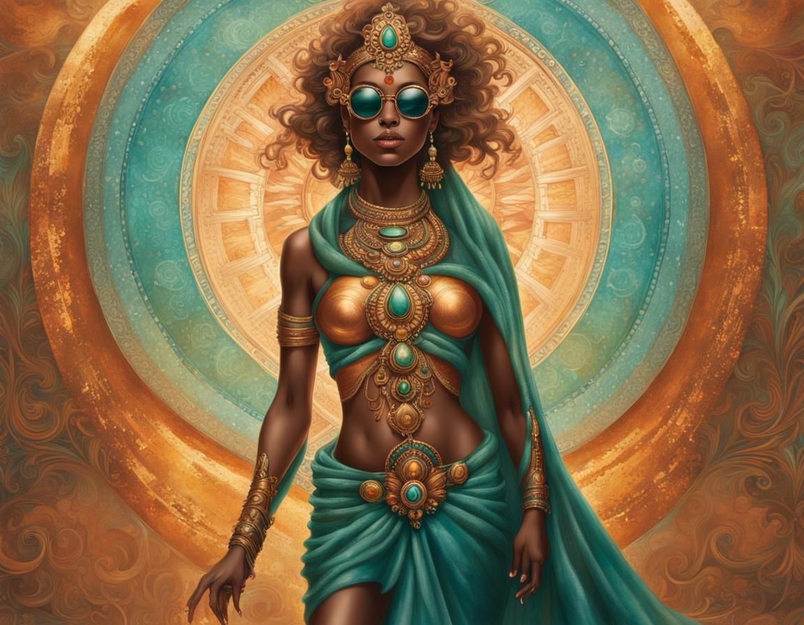Celestial Threads: A Copper Goddess Woven with Cosmic Magic