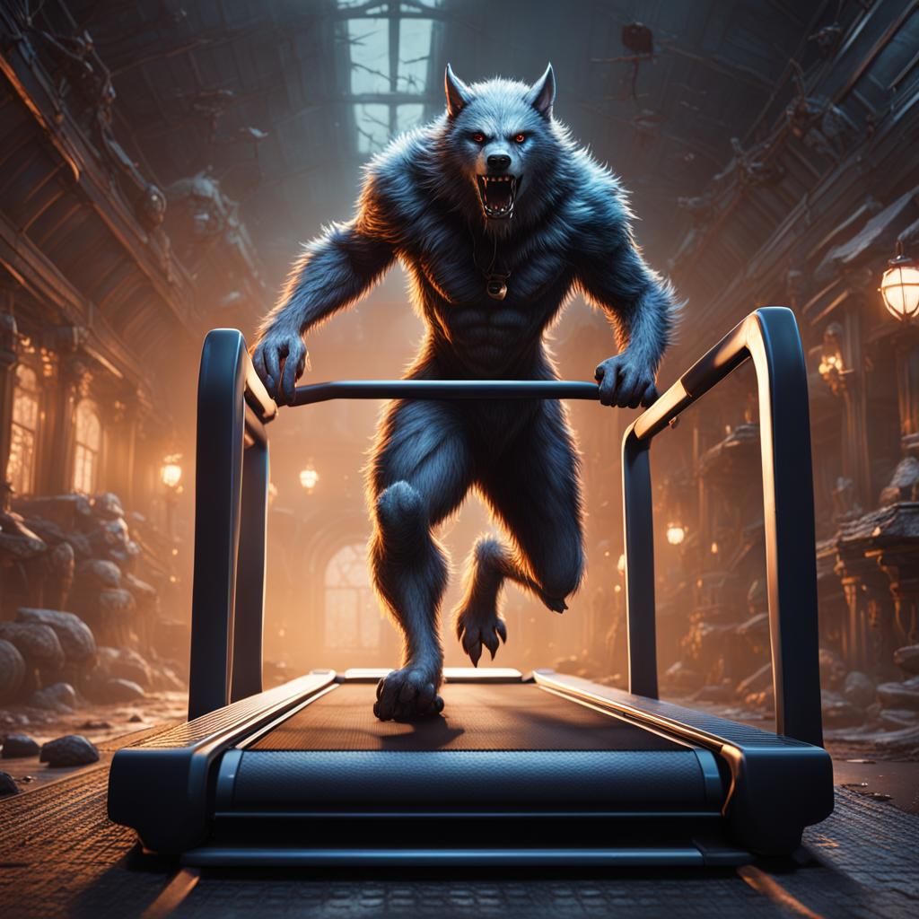 Female Werewolf on Treadmill in Detailed Matte Painting