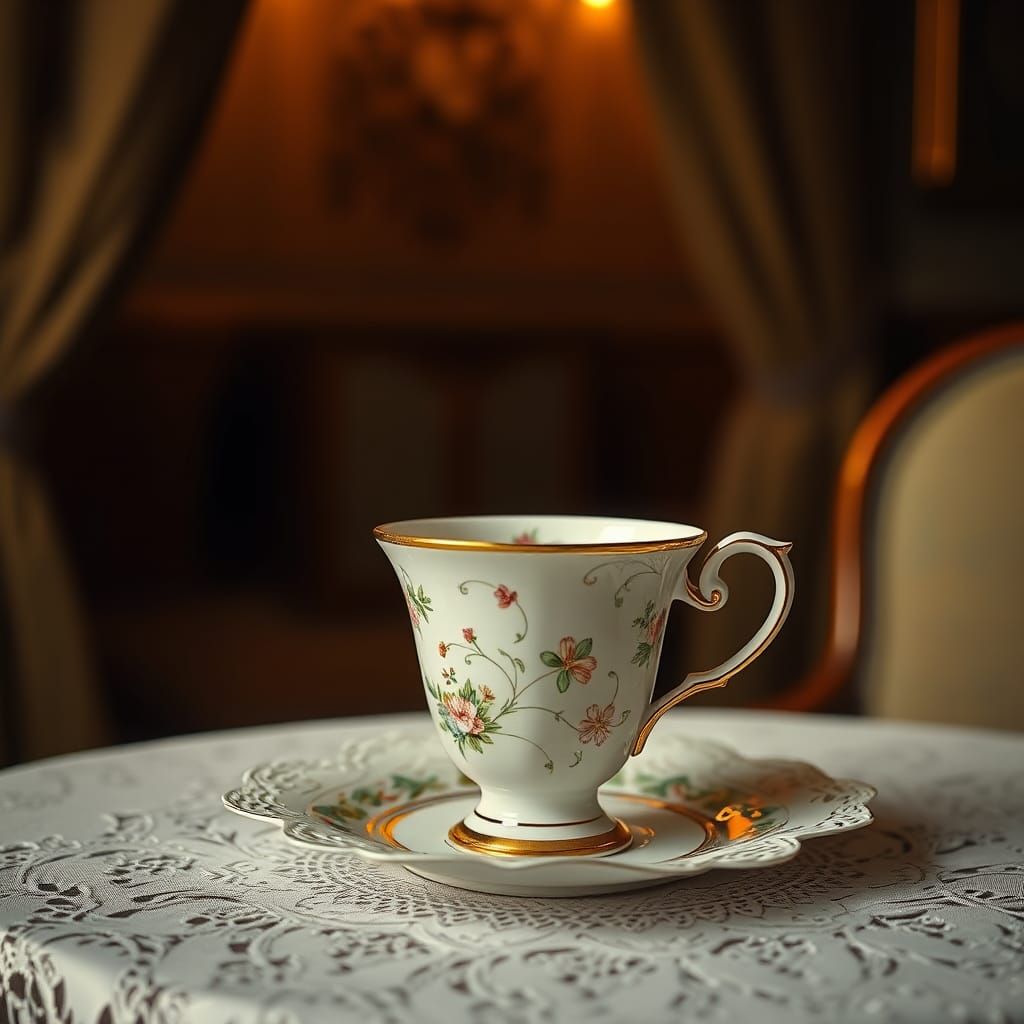 Teacup in Cubist Interior with Golden Lighting