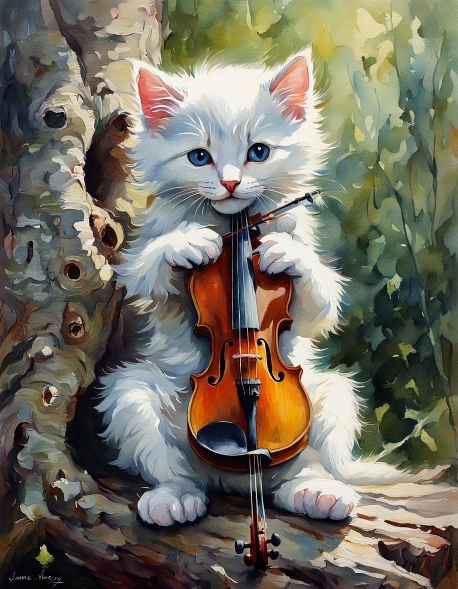 Kitten Violinist in Textured Oil Painting