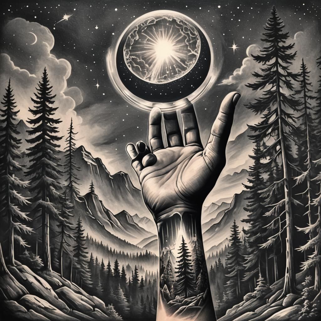 UFO Abduction Forest Tattoo Sleeve in Charcoal Style