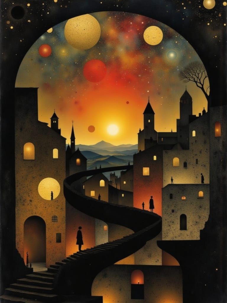 Golden Shimmering Lights in Dreamlike Impossible Structure