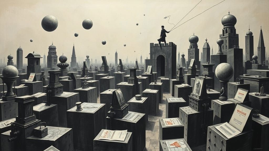 Surrealist Figure Confronts Moral Maze