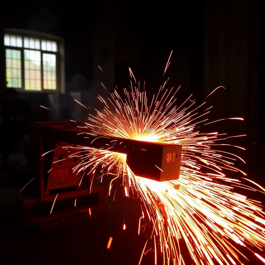 Industrial Iron Casting with Sparks and Flames