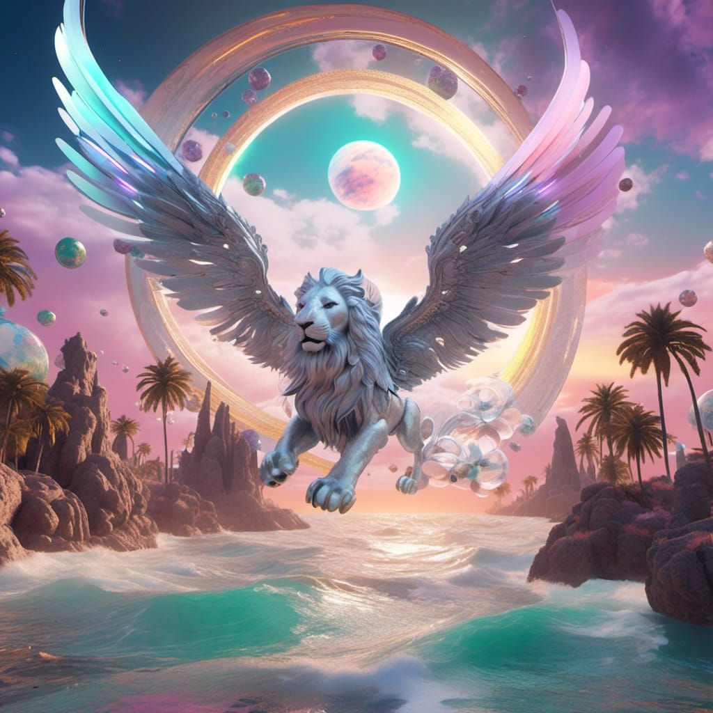 Winged Lion Over Futuristic Beach Landscape