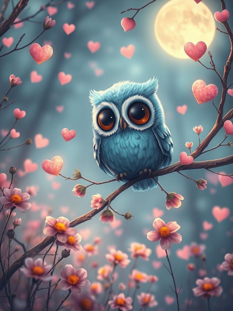 Blue Chibi Owl in Enchanted Forest