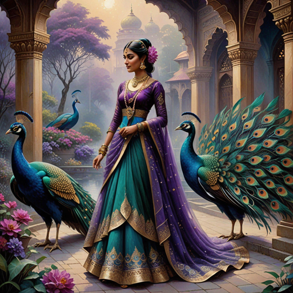 Woman in Peacock Gown: Traditional India Folk Art in Vibrant...