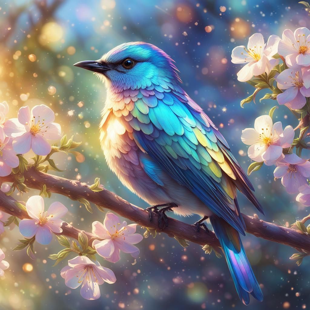 Iridescent Bird on Blooming Branch in Sunlight